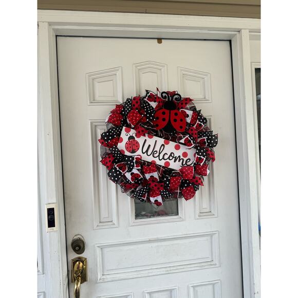 Welcome Ladybug Ribbon Deco Mesh Spring Summer Wreath, Front Door Hanger - Picture 8 of 8